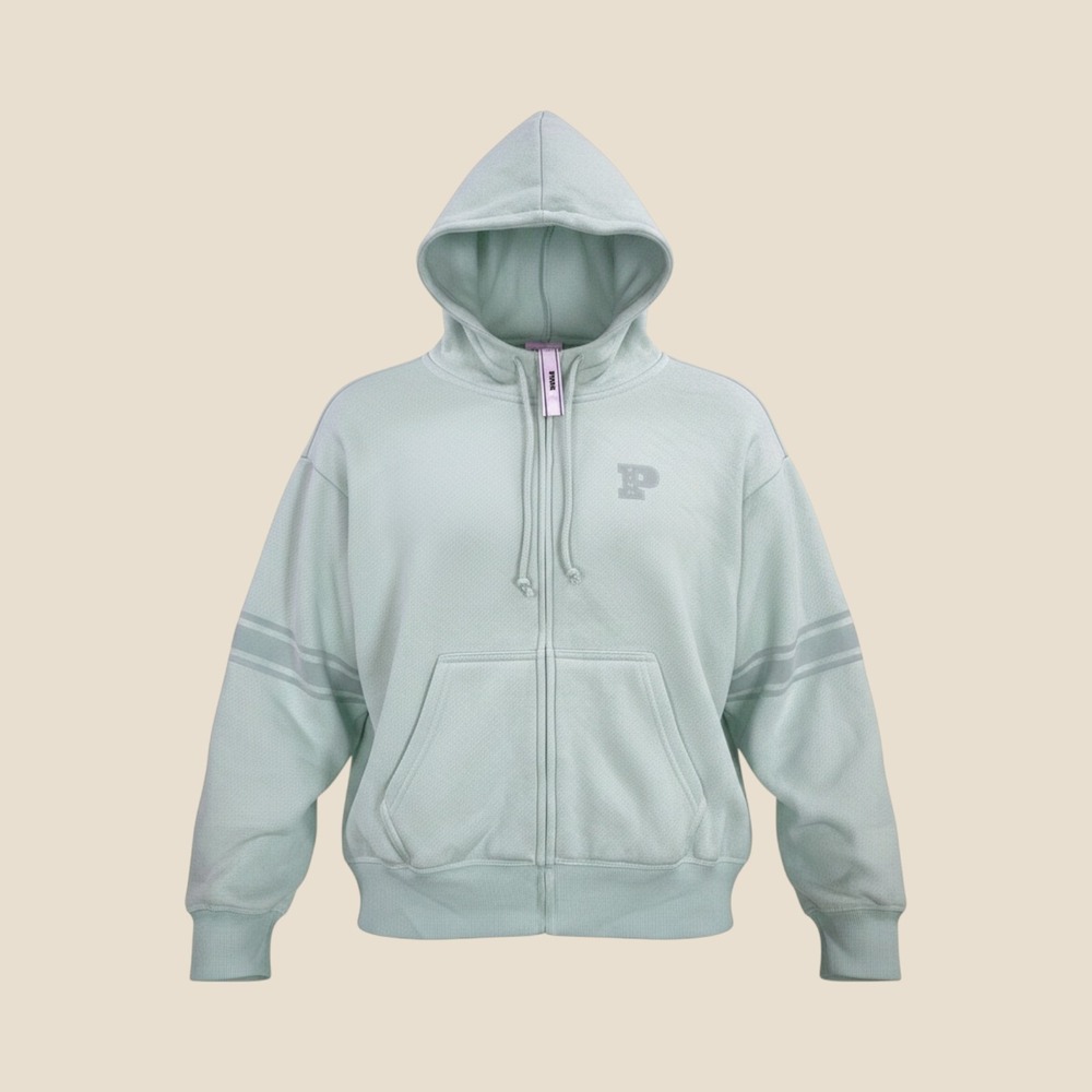 PINK Victoria's Secret Mint Green Full Zip Hoodie Varsity Stripe Logo Small NEW